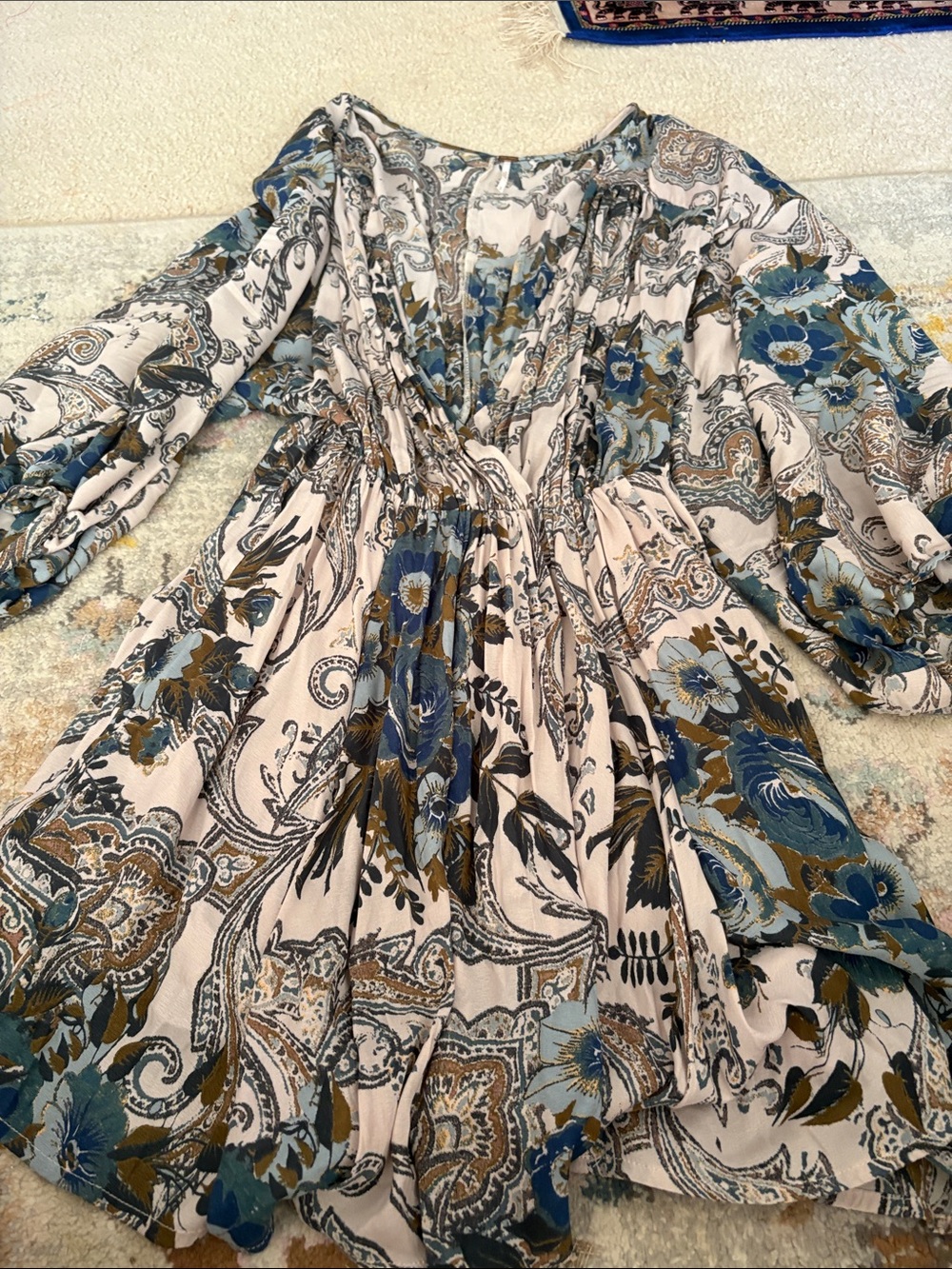 Free People Floral Paisley Long Sleeve Dress in Cream, Blue, Olive